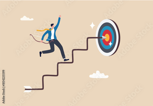 Step to reach goal, success or achieve business target, strategy plan to improve and overcome challenge, progress or aiming to win concept, businessman archery run on stair case arrow to reach goal