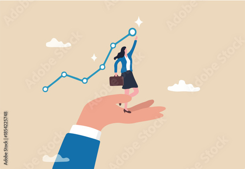 Helping hand support for business success, growth or reach target, career progress or improvement, assistance or advice, solution concept, hand helping businesswoman to reach success growing chart