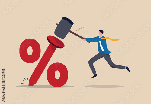 Federal Reserve low interest rate or central bank with long time zero percent interest rate until economic recover concept, businessman FED leader using hammer to nailed percentage sign to the floor.