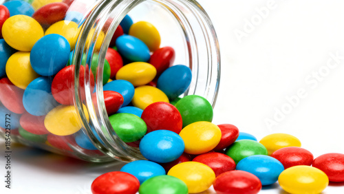 Colorful candy spilling from a glass jar isolated on white background.