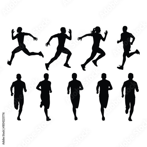 Silhouettes of runners in various poses depict athleticism and physical activity