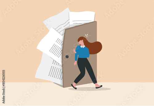 Overspend causing debt problem, financial failure or mistake, mortgage loan risk, bankrupt or credit score trouble concept, frustrated woman try to close the door with full of debts and bills to pay.