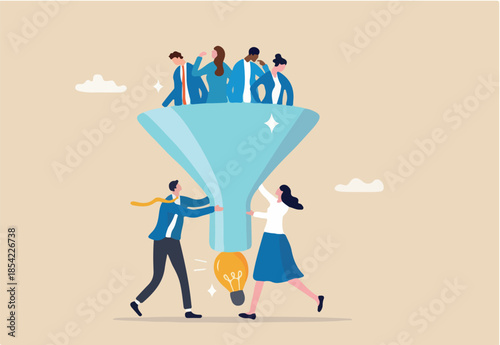 Marketing funnel or sales conversion, people or employee management, meeting brainstorm for new idea, customer purchase pipeline concept, people in sales and marketing funnel with lightbulb outcome.