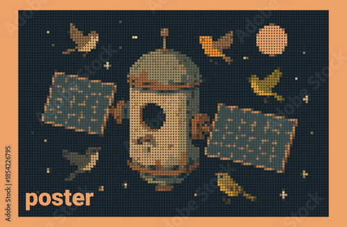 Abandoned Satellite Birdhouse Halftone Digital Art Poster