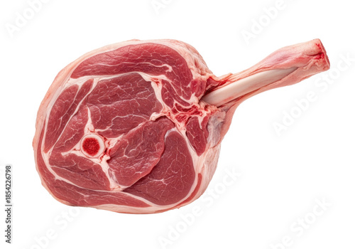 A pristine raw leg of lamb with deep crimson coloration, rich natural marbling, and an exposed bone, highly detailed against a pure white background. Gourmet quality ingredients atmosphere
