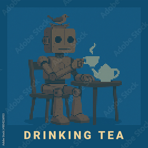 Rusty Robot Drinking Tea with Bird Halftone Poster Art