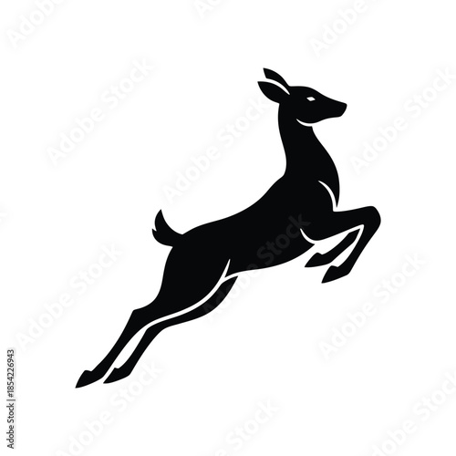 Dynamic and elegant silhouette illustration of a graceful deer in mid-leap, symbolizing agility, freedom, and the captivating beauty of wild nature in motion