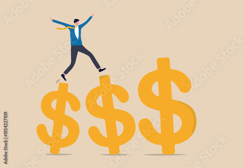 Growth earning investment, increasing income and bonus in career or success in financial business concept, businessman professional manager walking and jumping on growth golden dollar signs.