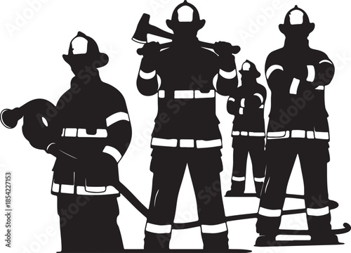 Set of firefighter with equipment silhouette vector on white background