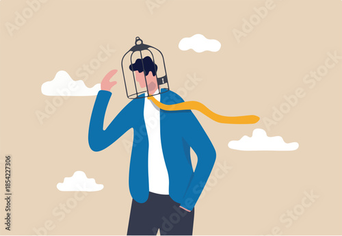 Limited understanding, creativity blocker, fear of challenge, bias or ego trapped, powerless or lack of intelligence concept, depressed businessman with birdcage lock his head.