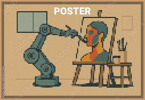 Robotic Arm Painting Human Portrait Halftone Digital Art