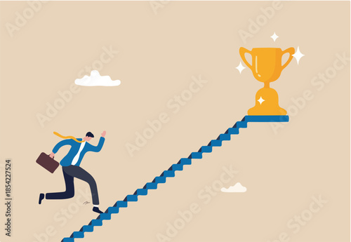 ake small steps to achieve big goal, growing wisely slow and steady to reach target and achieve success, career development concept, confidence businessman take slow small stair steps to reach goal.