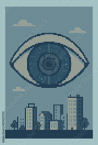 Camera Lens Eye Above City Halftone Digital Art Poster