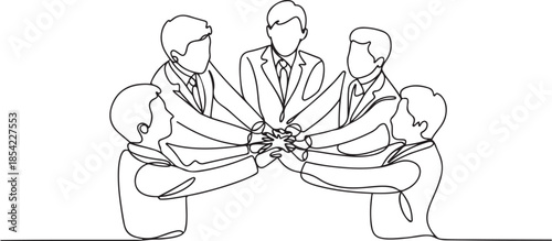 One continuous line drawing group of young male and female business people unite their hands together to form a five star shape. Unity teamwork concept. one line Icon drawing