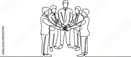 One continuous line drawing group of young male and female business people unite their hands together to form a five star shape. Unity teamwork concept. one line Icon drawing
