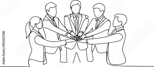 One continuous line drawing group of young male and female business people unite their hands together to form a five star shape. Unity teamwork concept. one line Icon drawing