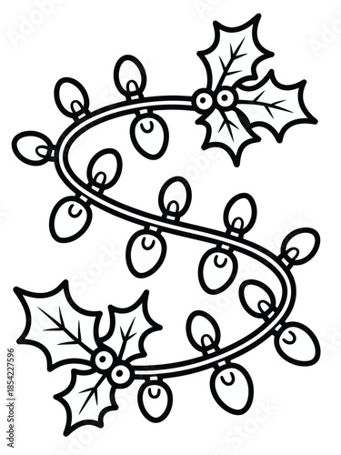 Holiday garland with lights and holly isolated on white background, Vector, illustration