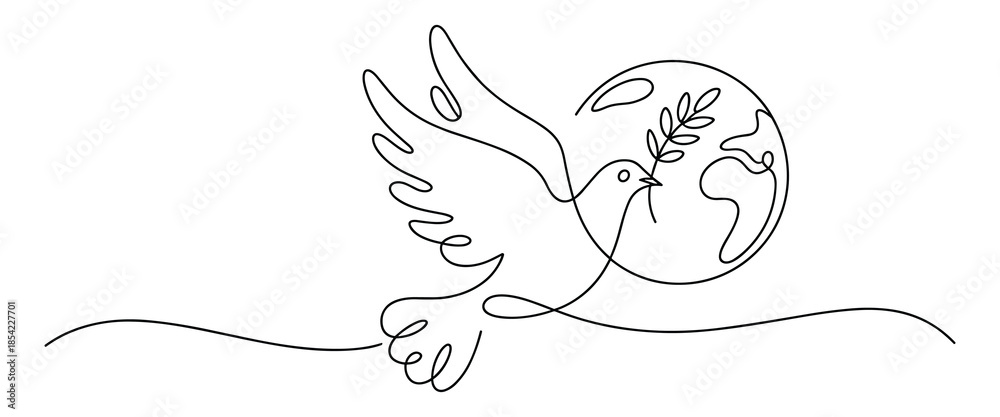Obraz premium Dove flying with olive branch around the earth in one line drawing style