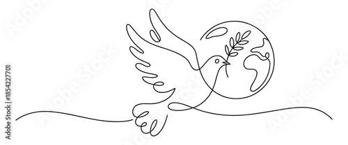 Dove flying with olive branch around the earth in one line drawing style