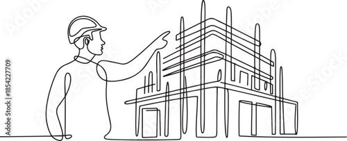 One continuous line drawing of young foreman manager controlling the construction of building. Building architecture business concept. one line Icon drawing