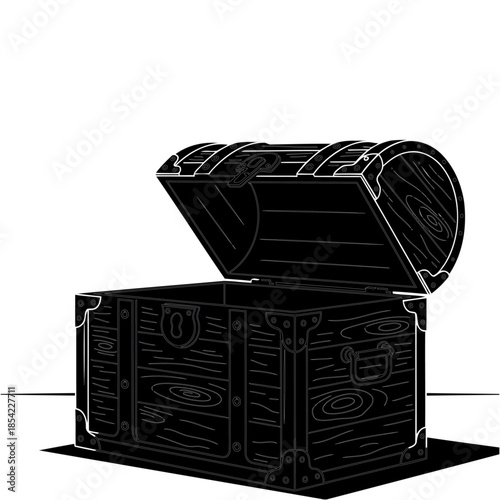 Vintage open treasure chest with metal accents and straps on a white background with subtle dotted pattern