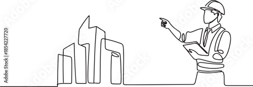 One continuous line drawing of young foreman manager controlling the construction of building. Building architecture business concept. one line Icon drawing