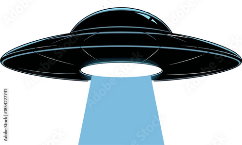 A stylized illustration of a classic flying saucer ufo with a bright blue beam of light descending from its underside against a white background