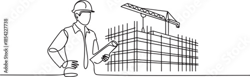 One continuous line drawing of young foreman manager controlling the construction of building. Building architecture business concept. one line Icon drawing