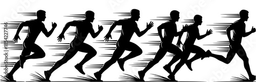 Silhouette illustration of four male athletes running in a race with motion blur lines in the background
