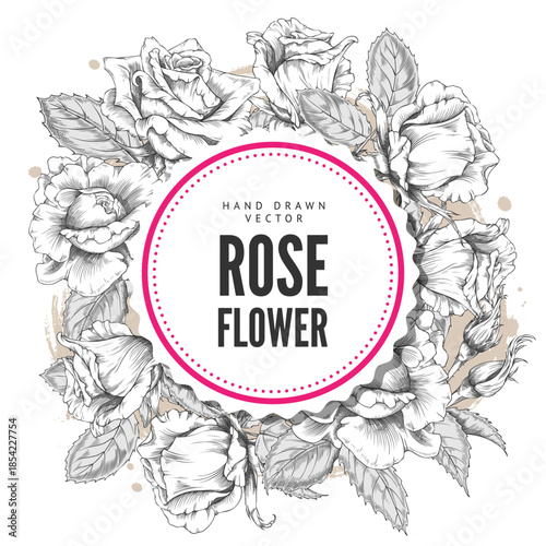 Round frame with vintage black and white roses, buds, and leaves, hand-drawn.