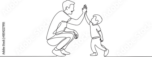 Single continuous line drawing of young dad giving high five gesture to son for success school achievement, parenthood time. Family parenting concept. one line Icon drawing
