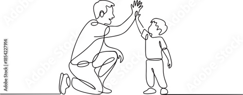 Single continuous line drawing of young dad giving high five gesture to son for success school achievement, parenthood time. Family parenting concept. one line Icon drawing