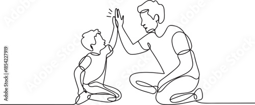 Single continuous line drawing of young dad giving high five gesture to son for success school achievement, parenthood time. Family parenting concept. one line Icon drawing