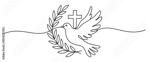 Dove with olive branch and cross symbol  peace and faith icon