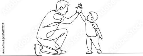 Single continuous line drawing of young dad giving high five gesture to son for success school achievement, parenthood time. Family parenting concept. one line Icon drawing
