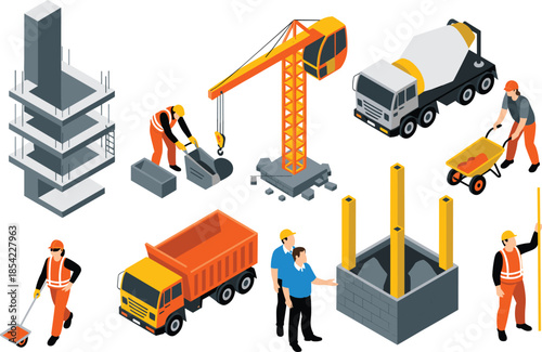 Isometric construction site elements set, workers machinery buildings illustration, industrial building process vector design icons