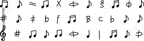Hand drawn music symbols illustration, musical notes notation set, creative sound signs, black white design