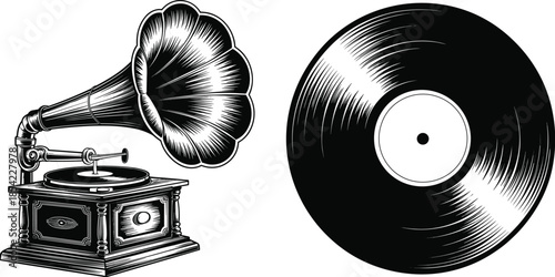Vintage gramophone and vinyl record illustration, retro music player, classic sound technology artwork black white