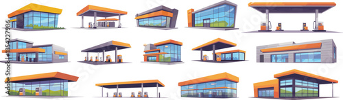 Modern gas station buildings set, fuel pump service architecture illustration, commercial roadside vector isolated design