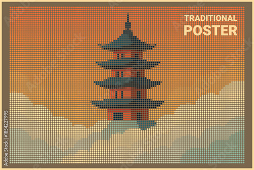 Traditional Cloud Pagoda Mist Blocks Halftone Digital Art