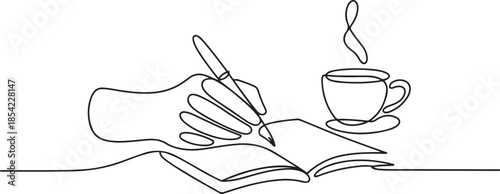 Single continuous line drawing of hand gesture writing on an open book beside a cup of coffee at work desk. Writing draft business concept. one line Icon drawing