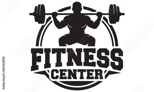 Fitness Center Logo with Muscular Man Lifting Barbell Vector