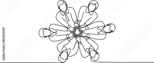 One single line drawing group of young happy business people unite their hands together to form a circle shape symbol, top view. one line Icon drawing