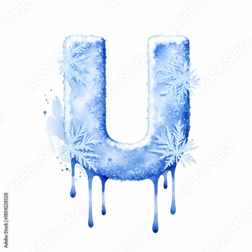 Watercolor illustration of the letter U created with blue snow splashes and droplets on a white background