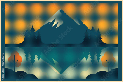 Mountain Lake Seasonal Reflection Halftone Digital Art