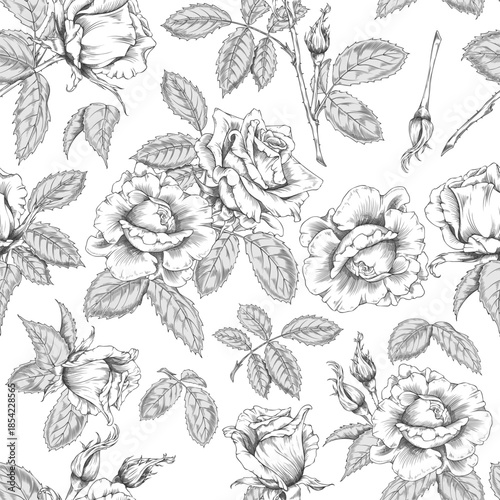 A seamless monochrome pattern with hand-sketched vintage roses, buds, and leaves.