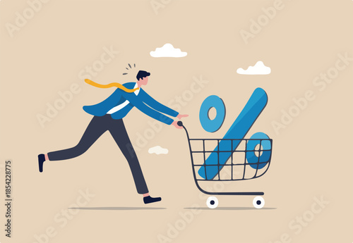 Shopping discount percentage, mortgage loan interest rate or investment earning and profit concept, businessman investor or consumer pushing shopping cart trolley with big percentage sign