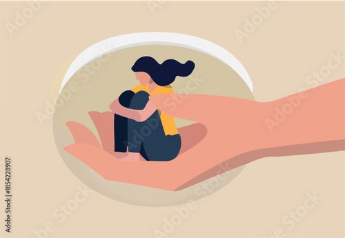 Mental health treatment, care and understanding about depression illness or psychotherapy to protect mental illness concept, warm hand tendering hold depressed solitude girl to solve stress problem.