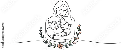 Mother and two children hugging with flowers around them