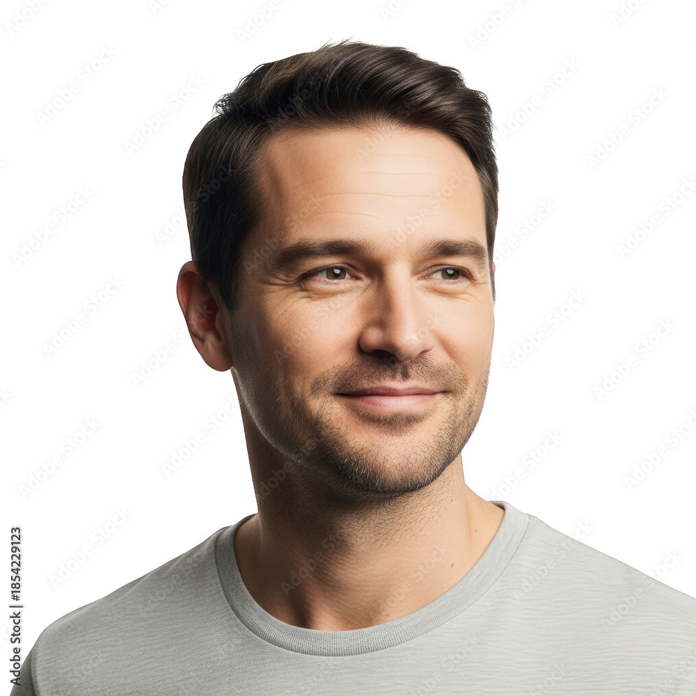 Obraz premium A confident and handsome young man with a cool expression and a casual smile poses for a studio headshot, showing a close-up of his face and eyes with a look of pure happiness